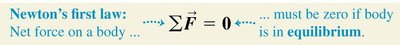 Newton's first law: Net force is zero for equilibrium.