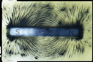 Iron filings showing magnetic field lines around a bar magnet