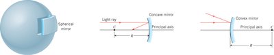 Spherical mirror types: concave and convex, with principal axis and focal point