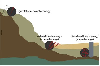 Transformation of energy: gravitational potential, kinetic, and internal energy