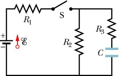 Circuit diagram with battery, three resistors, switch, and capacitor