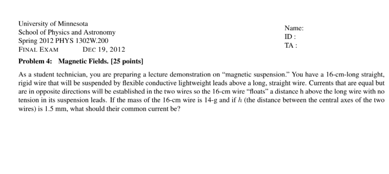 Physics exam question about magnetic suspension
