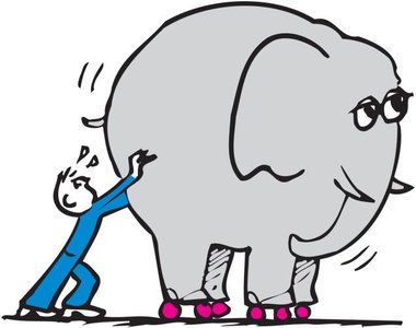 Person pushing an elephant on rollers, illustrating mass and inertia