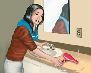 Person using electrical device near water