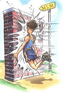 Cartoon of a person colliding with a wall, illustrating force of impact