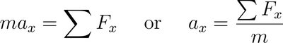 Equation of motion: max = sum Fx or ax = sum Fx / m