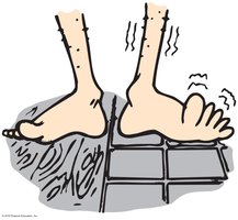 Cartoon of feet on different surfaces illustrating conduction