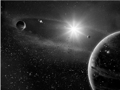 Artistic depiction of the Solar System with planets and the Sun