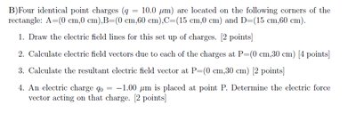 Rectangle with four charges at corners and point P marked