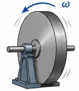 Diagram of a rotating sculpture with two spheres and a rod