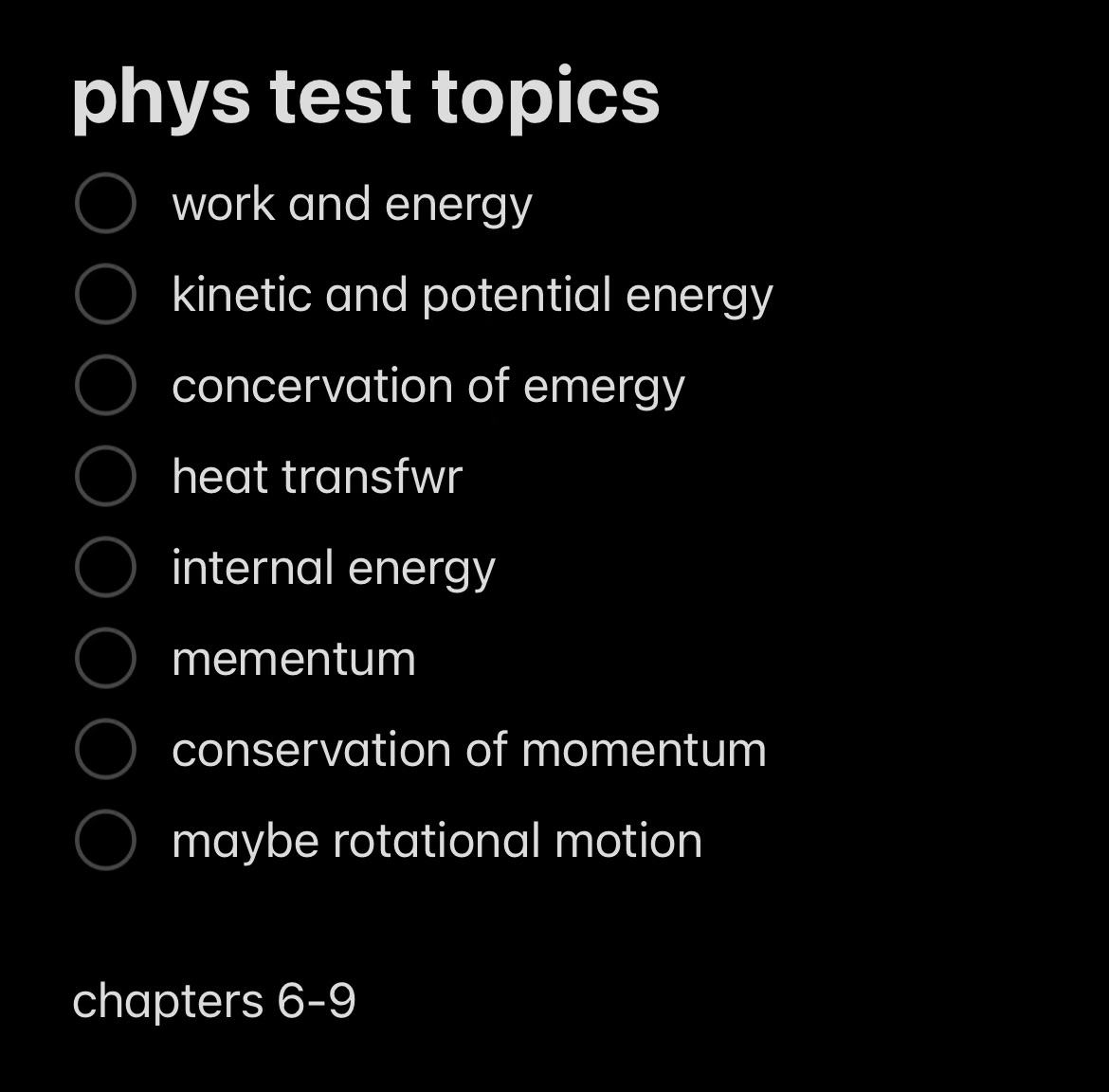 phys test topics list
