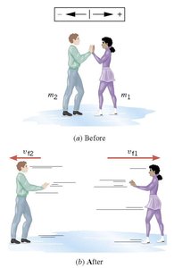 Two skaters pushing off each other, illustrating conservation of momentum