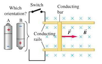 Battery orientation and force on a conducting bar in a magnetic field