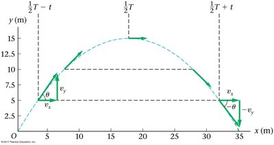 Projectile motion showing velocity components and symmetry at different points