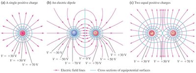 Equipotential surfaces and electric field lines for different charge configurations