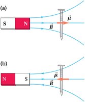 Bar magnet attracting an iron nail