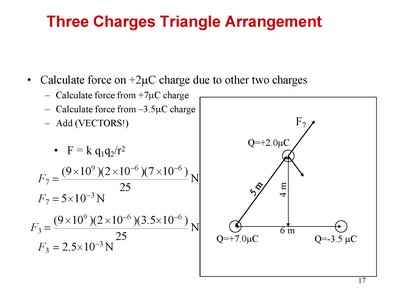 Three charges triangle arrangement with calculations