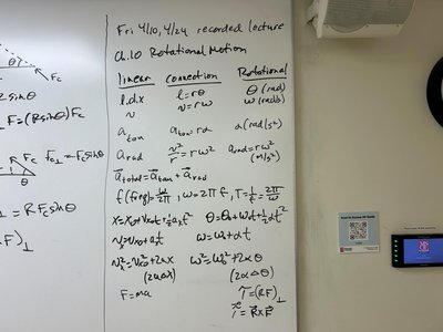 Whiteboard with linear and rotational kinematic equations