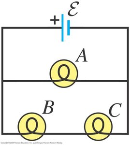 Three light bulbs in a circuit
