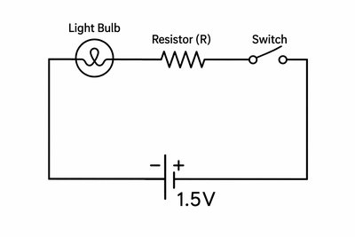 Simple circuit with open switch, resistor, and light bulb