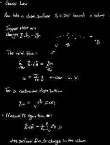 Diagram showing charges inside a closed surface and Gauss's Law equations