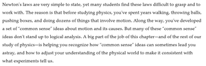 Text explaining the challenge of common sense in Newton's laws
