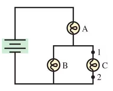 Three-bulb circuit with points 1 and 2