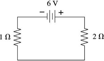 Series circuit with 6V battery, 1Ω and 2Ω resistors