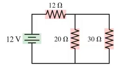 Circuit with 12Ω, 20Ω, and 30Ω resistors and 12V battery