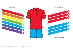 Diagram showing reflection of red and blue light from clothing