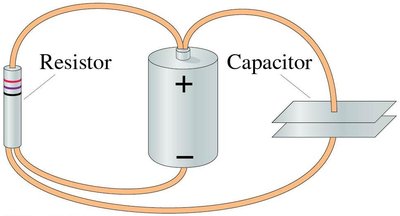 Literal picture of a resistor and capacitor connected to a battery