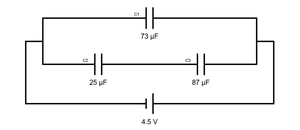 Capacitor circuit diagram with three capacitors and a 4.5 V battery