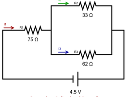 Resistor circuit diagram with three resistors and a 4.5 V battery
