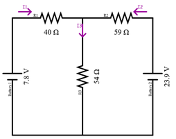 Multi-loop circuit with three resistors and two batteries