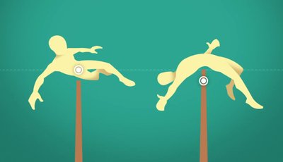 High jumper using the Fosbury flop, illustrating the center of mass passing under the bar.