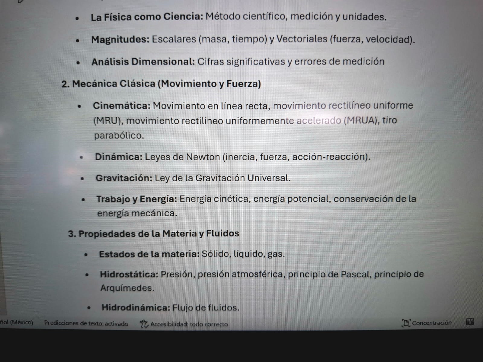 Esquema de temas de física clásica y fluidos