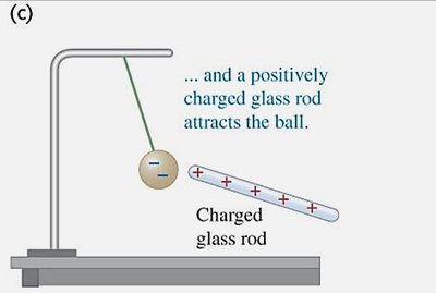 Positively charged glass rod attracts metal ball