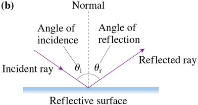 Law of reflection: incident and reflected rays with angles to the normal