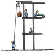Workers lifting loads to different heights