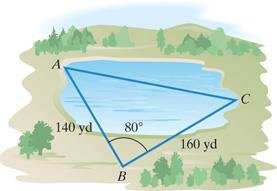 Triangle with sides AB = 140 yd, BC = 160 yd, angle B = 80°