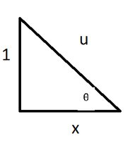 Right triangle with sides 1, x, u and angle theta