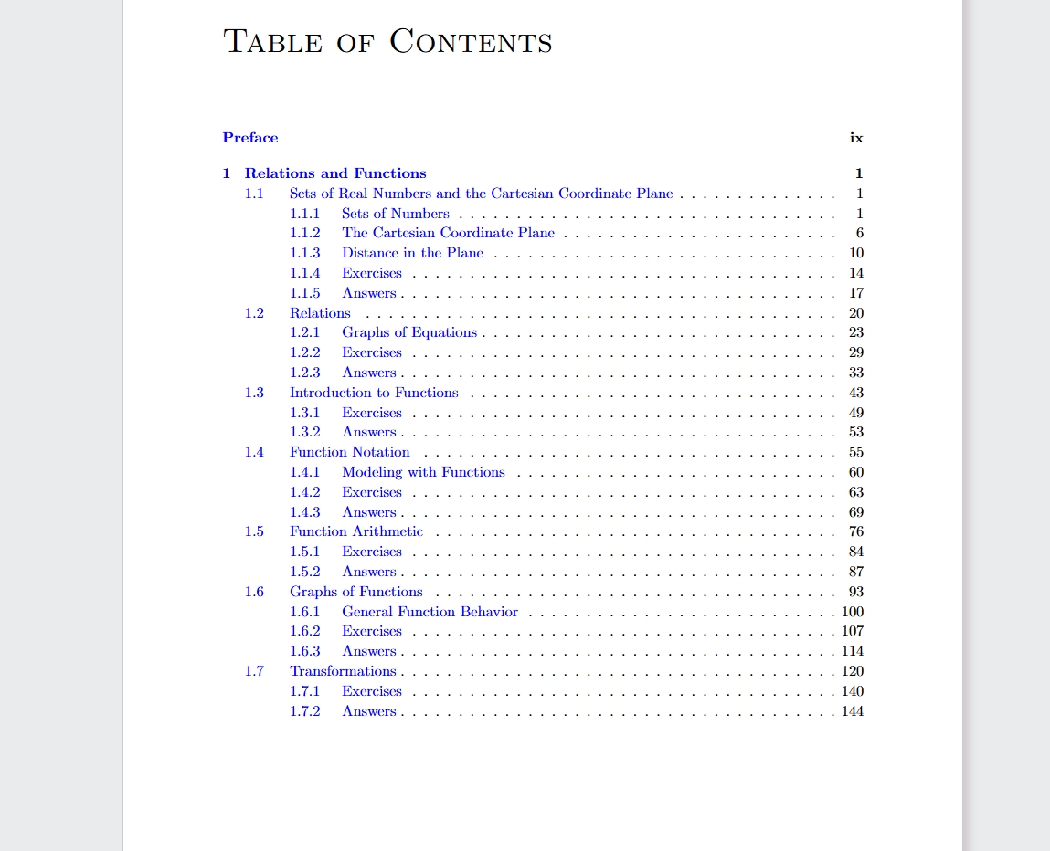 Table of Contents page showing topics on Relations and Functions, Sets of Numbers, Cartesian Plane, Function Notation, Function Arithmetic, Graphs, and Transformations