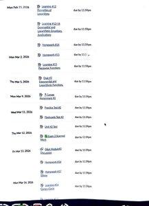 Schedule showing Exponential and Logarithmic Functions assignments and quizzes