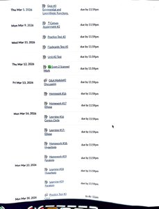 Schedule showing Piecewise Functions assignments and quizzes