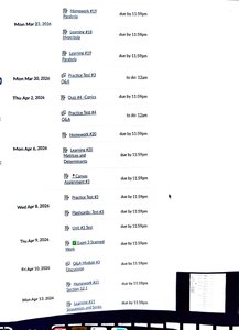 Schedule showing Conic Sections assignments and quizzes