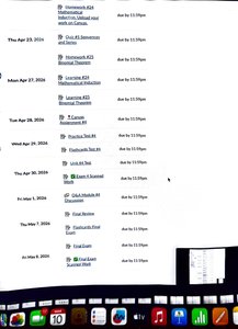 Schedule showing Sequences, Induction, and Binomial Theorem assignments and quizzes
