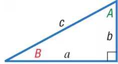 Right triangle with angles A and B labeled