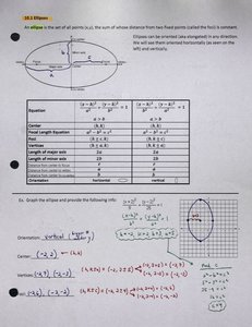 Ellipse with labeled axes, foci, and vertices, and a summary table of ellipse properties