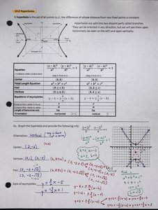 Hyperbola with labeled axes, foci, vertices, and asymptotes, and a summary table of hyperbola properties