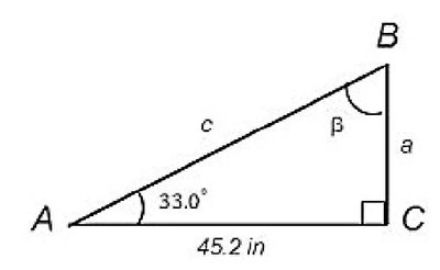 Right triangle with angle 33°, side adjacent 45.2 in, and side a opposite the angle